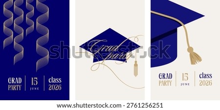 Class of 2026 elegant blue and gold graduation party celebration vertical invitations. Vector templates collection.