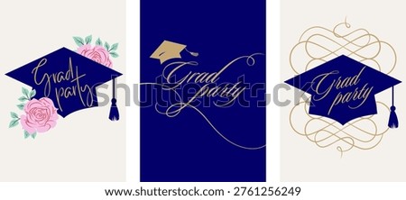 Class of 2026 elegant blue, pink and gold graduation party celebration vertical invitations. Vector templates collection.