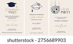 Class of 2026 elegant vintage graduation party and prom invitations with black and gold hand drawn line art elements. Vector templates collection.