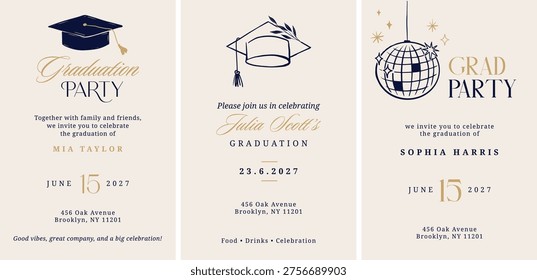 Class of 2026 elegant vintage graduation party and prom invitations with black and gold hand drawn line art elements. Vector templates collection.