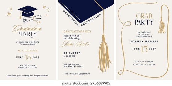 Class of 2026 elegant vintage graduation party and prom invitations with black and gold hand drawn line art elements. Vector templates collection.
