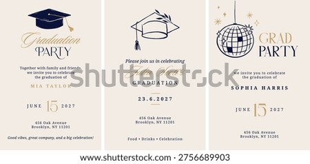 Class of 2026 elegant vintage graduation party and prom invitations with black and gold hand drawn line art elements. Vector templates collection.