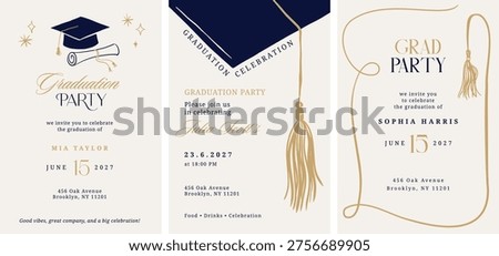Class of 2026 elegant vintage graduation party and prom invitations with black and gold hand drawn line art elements. Vector templates collection.