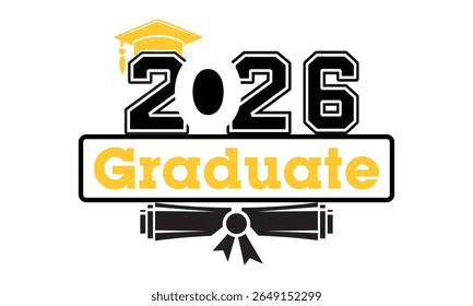 Class of 2026 Graduate Design with Yellow Cap and Diploma Graphic