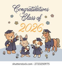 Klasse der Gruppe der 2026 Tiere mit Graduierung. Netter Bär, Kaninchen, Hund und Pferd tragen Abschlusskleider. Vektorgrafik für Schulveranstaltungen.