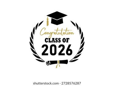 Klasse 2026 Graduierungsabzeichen mit Lorbeerkranz und akademischen Symbolen