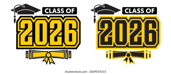 Clase de 2026 Gorra de graduación e íconos de Diseño gráfico de diploma