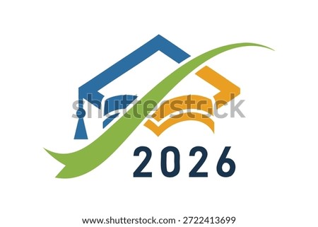Class of 2026 graduation ceremony vector illustration with mortarboard cap, diploma scroll, and decorative blue ribbon banner