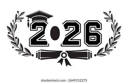 Class of 2026 Graduation Design with Cap Diploma and Laurel Leaves