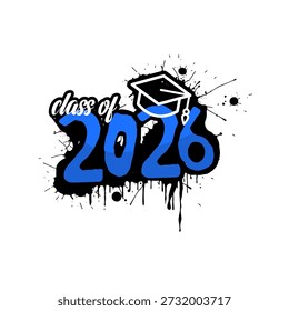 Klasse 2026 Graduiertenlabel im Graffiti-Stil mit Mörtelmütze und Tintenspritzer. Vektorgrafik
