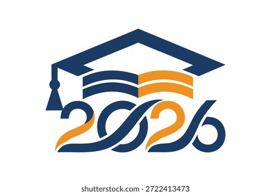 Logo de graduación de la clase de 2026 con gorra académica y diploma, tipografía dorada y negra para graduados de secundaria o universitarios