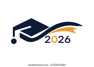 Logo de graduación de la clase 2026 con gorra académica estilizada y cinta dorada para diseños de educación y graduación