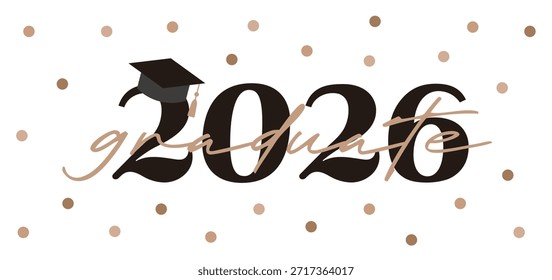 Klasse von 2026 Graduierung Typografie Design mit einem Mini-Mörtel und Gold Konfetti. Eine stylische Feier-Grafik, perfekt für Abschlusskarten, Banner und T-Shirt-Prints zum Gedenken.