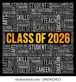 Class of 2026 - the group of students who graduated from high school or college in the year 2026, word cloud concept background. No AI generated content