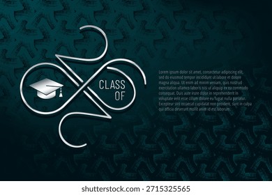 Class of 2026 Metallic Silver Style Numerals Logo with Numbers Making Mobius Loop Square Academic Graduation Cap Sign and Lettering - Chrome on Turquoise Background - Vector Gradient Graphic Design