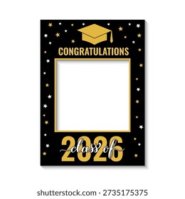 Class of 2026 photo booth frame isolated on white. Graduation party photobooth props. Grad celebration selfie frame.  Vector template