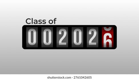 Class 2026 retro speedometer display design, graduation milestone, modern academic celebration. School banner, senior announcement, alumni poster, event invite, minimal Vector illustration
