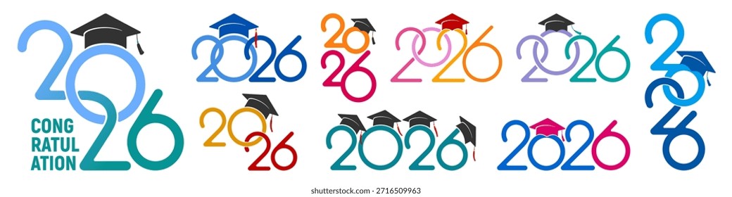 Clase de 2026, conjunto de logotipo, insignias para felicitaciones, graduados u otros eventos educativos, con sombrero académico y números para la escuela secundaria, universidad, graduación universitaria. Ilustración vectorial