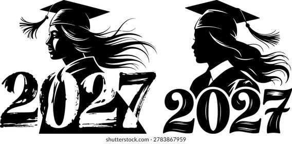 class of 2027 graduation typography with silhouette female graduate wearing cap and gown for university senior school student celebrate vector illustration