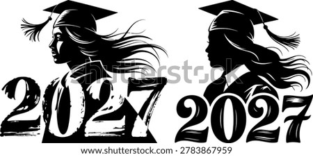 class of 2027 graduation typography with silhouette female graduate wearing cap and gown for university senior school student celebrate vector illustration