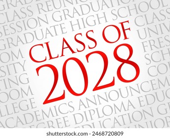 Class of 2028 - the group of students who graduated from high school or college in the year 2028, word cloud concept background