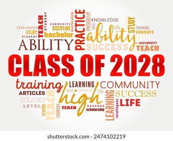 Class of 2028 - the group of students who graduated from high school or college in the year 2028, word cloud concept background