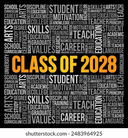 Class of 2028 - the group of students who graduated from high school or college in the year 2028, word cloud concept background. No AI generated content