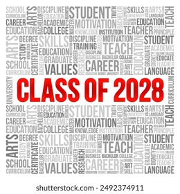 Class of 2028 - the group of students who graduated from high school or college in the year 2028, word cloud concept background