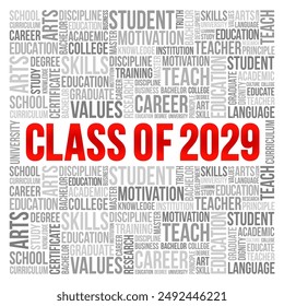 Class of 2029 - the group of students who graduated from high school or college in the year 2029, word cloud concept background