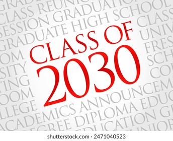 Class of 2030 - the group of students who graduated from high school or college in the year 2030, word cloud concept background