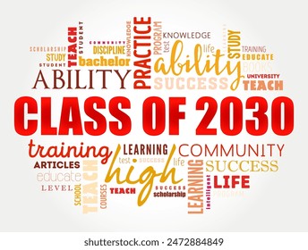 Class of 2030 - the group of students who graduated from high school or college in the year 2030, word cloud concept background