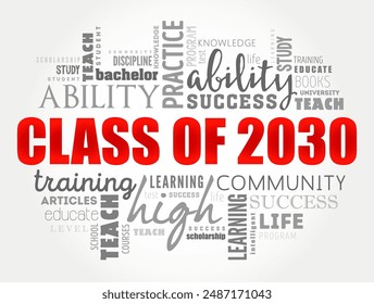 Class of 2030 - the group of students who graduated from high school or college in the year 2030, word cloud concept background. No AI generated content