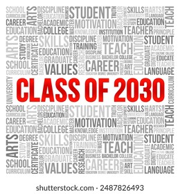 Class of 2030 - the group of students who graduated from high school or college in the year 2030, word cloud concept background