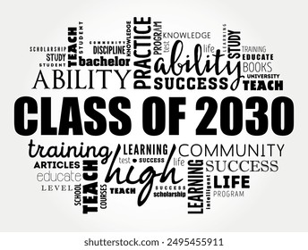 Class of 2030 - the group of students who graduated from high school or college in the year 2030, word cloud concept background