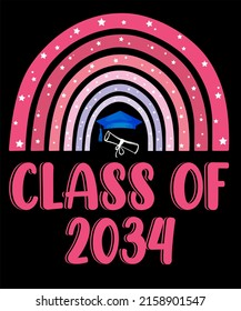 Class Of 2034 Pre School Pre-K Graduate Pink Rainbow In Black Background