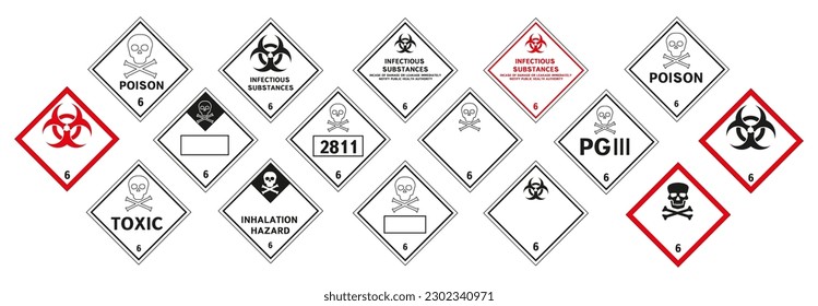 Class 6 danger vector signs. Radiation and biohazard sign, toxicity sign and poison sign. Vector graphics.