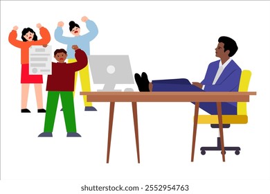 Class action. People are protesting against the company and the businessman. Vector simple color flat illustration.