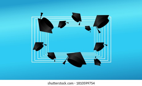 Class of blue gradient background. Thrown up black education academic cap. Template for graduation design, high school, college congratulation graduate, yearbook. Vector illustration