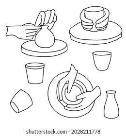 A class of ceramics. Tools and accessories for making ceramics, a potter's wheel, a clay pot doodle style.