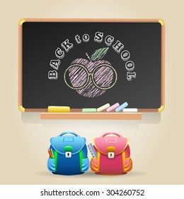 Class Chalkboard with lettering Back to School. Sign of Apple in a glasses and two school bags.