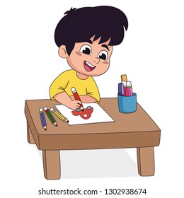 In class the children are drawing on paper in the imagination of both wood and watercolor.Vector and illustration.