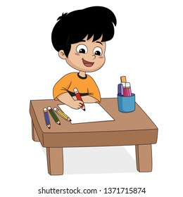 In the class, Children are drawing something on a paper.Vector and illustration.