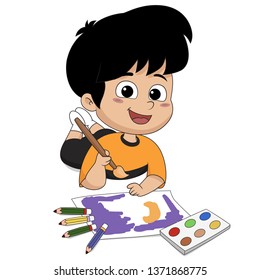 In the class, Children are drawing something on a paper .Vector and illustration.