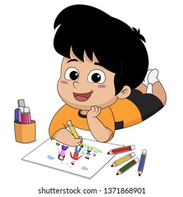 In the class, Children are drawing something on a paper.Vector and illustration.