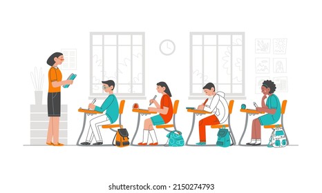 Class with children. A teacher or professor teaches students at school. Student learning in classrooms indoors. Vector illustration