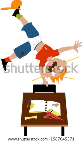 Class clown kid doing a hand stand on a chair,  EPS 8 vector illustration