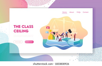Class Discrimination, Inequity Landing Page Template. Wealthy, Rich and Successful Characters Drive Out Man in Poor Rough Clothes Hitting Piece from whole Ice Floe. Cartoon People Vector Illustration