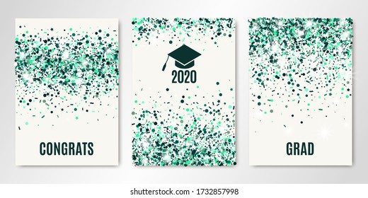 Class of Grad 2020 greeting cards. Banners set with emerald confetti on white. Vector flyer design templates for graduate party invitations, design certificates. All isolated and layered