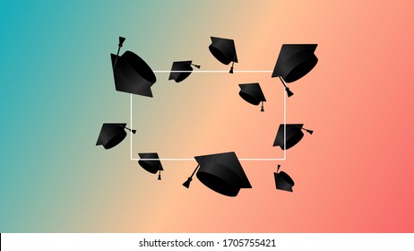 Class of gradient background. Thrown up black education academic cap. Template for graduation design, high school, college congratulation graduate, yearbook. Vector illustration