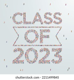 Class or Graduate of 2023. Large group of people form to create class of 2023. Vector illustration. Template for graduation design, party, high school or college graduate, yearbook.